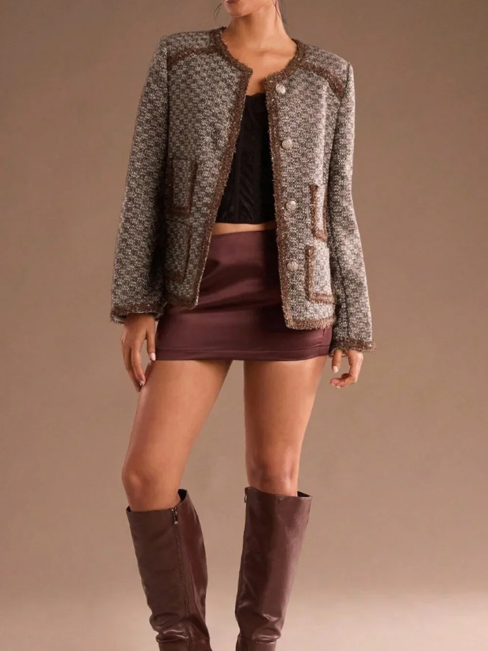 Elegant Women's Long Sleeve Tweed blazer Jacket